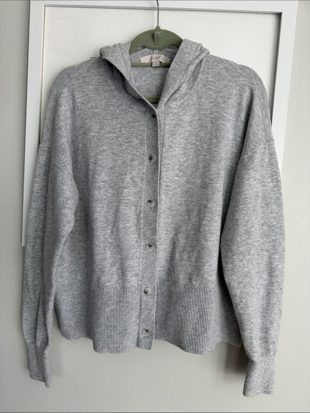 LOFT Light Gray Hooded Button-Front Cardigan Sweater Super Soft